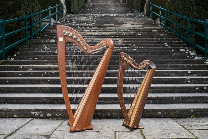 Side profile of eos harp and mark Norris 27 string harp used for weddings
